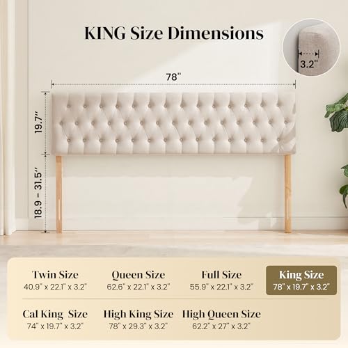 Headboards for King Size Bed in Modern Button Design, Premium Linen Fabric Upholstered Tufted Bed Headboard, Adjustable Solid Wood Head Board, Beige - color: Beige, size: King