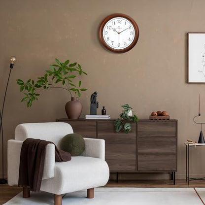 Lafocuse 12 Inch Silent Solid Wood Wall Clocks Battery Operated, Analog Brown Wall Clock for Living Room Decor, Retro Kitchen Clock for Bedroom Home Office