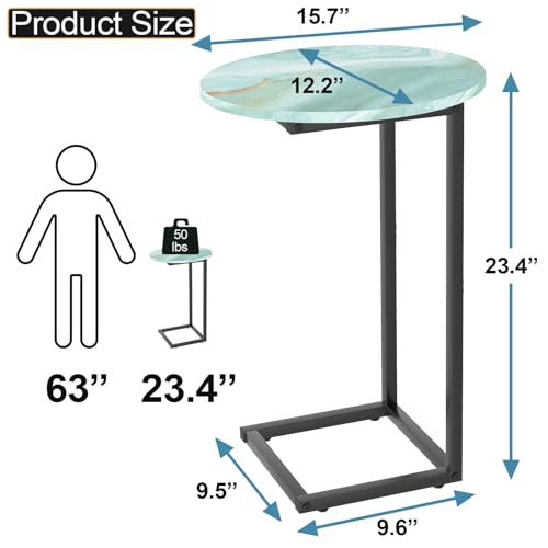 C Shaped End Side Table, Small Oval Couch Sofa Table for Bed, Snack Side Table with Metal Frame, TV Tray Table with White Marble for Small Space, Living Room, Bedroom, Bedside(Sea Blue) - color: Sea Blue+black