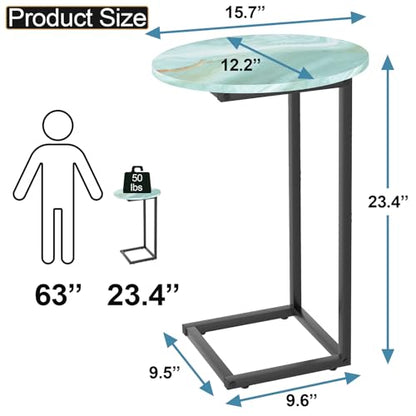 C Shaped End Side Table, Small Oval Couch Sofa Table for Bed, Snack Side Table with Metal Frame, TV Tray Table with White Marble for Small Space, Living Room, Bedroom, Bedside(Sea Blue) - color: Sea Blue+black