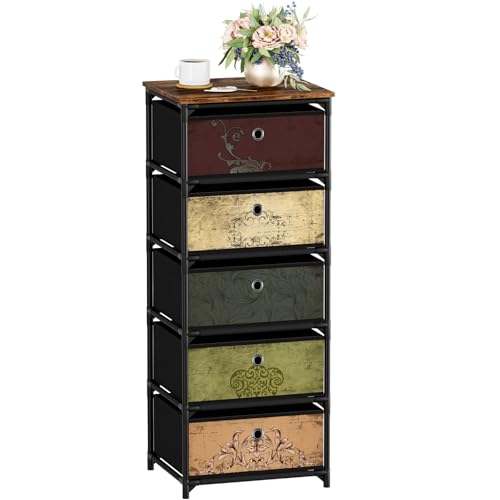 VASICAR Storage Unit with 5 Drawers, Fabric Nightstand, Wood Top | Clothes Organizer, Craft Storage Chest, Small Pattern Dresser for Bedroom, Closet, Nursery, Dorm - size: 11.8"D x 15.8"W x 37.8"H (5 Drawers)
