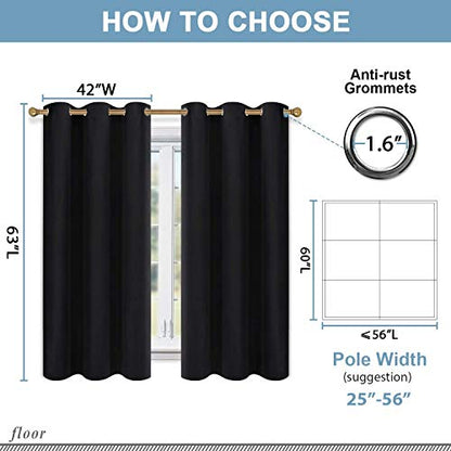 Diraysid Black Grommet Blackout Curtains for Bedroom Thermal Insulated Room Darkening Curtains Drapes, 42 x 63 Inch, 2 Panels - color: Black, size: 42"W x 63"L (Pack of 2)
