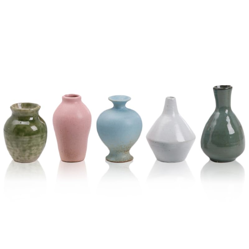 Ceramic Bud Vase Set of 5, Gradient Glaze Mini Small Vases | Ideal for living room, dining table, office desk, bedroom, fireplace mantle decor, or housewarming gift.