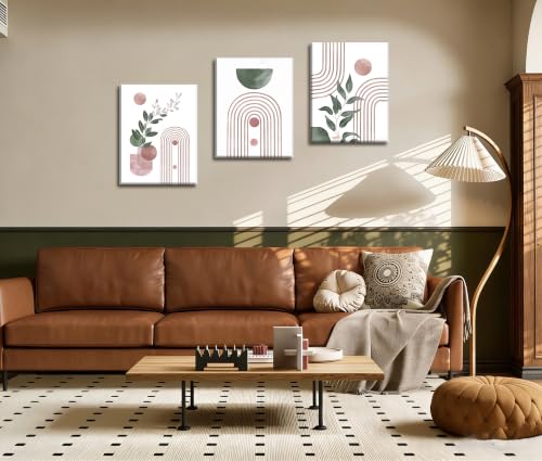 Frimeeme Pink and Green Wall Art,Large Boho Canvas Pint Set of 3，Pink And Green Abstract Leaves Wall Art Abstract Geometry Canvas Prints Ready to Hang, 12x16 Inches - color: Framed - Pink and Green Wall Art, size: 12"L x 16"W x 3Pieces
