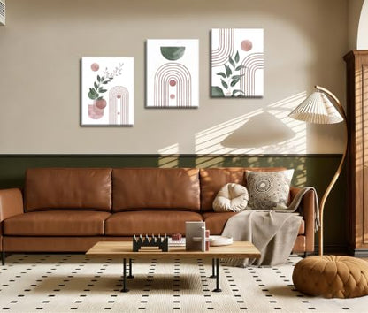 Frimeeme Pink and Green Wall Art,Large Boho Canvas Pint Set of 3，Pink And Green Abstract Leaves Wall Art Abstract Geometry Canvas Prints Ready to Hang, 12x16 Inches - color: Framed - Pink and Green Wall Art, size: 12"L x 16"W x 3Pieces