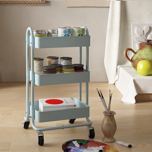 Metal Rolling Cart,3-Tier Metal Rolling Cart with Wheels,3 Tier Utility Cart with Wheels for Office,Home,Kitchen,Garden（13.4"x18.1"x31"） Blue - color: Blue, size: 31"H