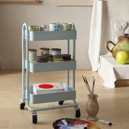 Metal Rolling Cart,3-Tier Metal Rolling Cart with Wheels,3 Tier Utility Cart with Wheels for Office,Home,Kitchen,Garden（13.4"x18.1"x31"） Blue - color: Blue, size: 31"H