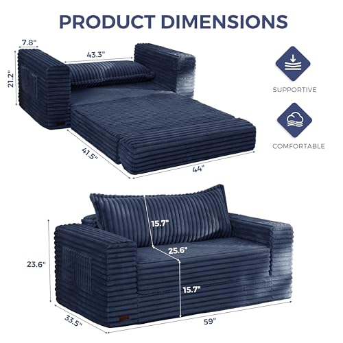 MAXYOYO Convertible Sofa Bed, Pull-Out Loveseat Couch Bed for Small Space | 2 in 1 Folding Couch Bed with Large Back Pillow, Plush Faux Fabric Lounge Couch for Living Room, Apartment, Navy - color: Navy