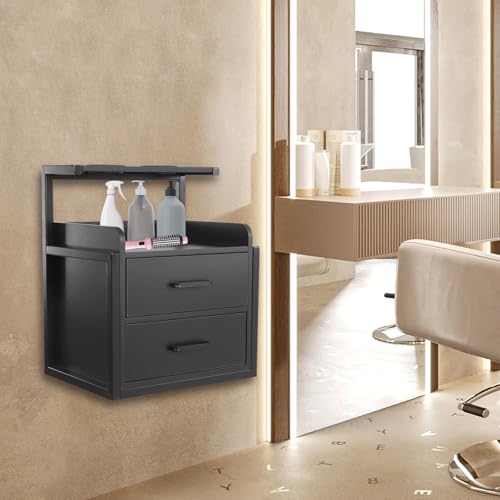 Suspended Salon Station for Hair Stylist, Wall Mounted Styling Salon Station Storage Cabinet w/2*Drawers &Hair Dryer Stand,Floating Nightstand Stylist Storage Cabinet for Home (Black)