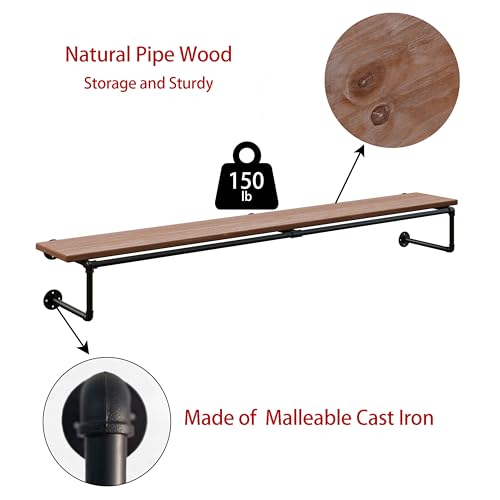 Clothes Rack 70in, Wall Mounted Garment Racks with Real Brown Wood Shelf, Heavy Duty Hanging Clothes Rack, Multi-Purpose Hanging Rod, Space-Saving Closet Storage - color: Brown, size: 1T70IN