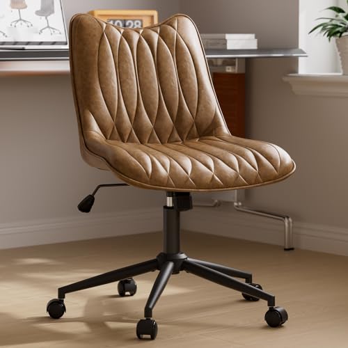 Armless Office Chair, Swivel Rolling Leather Desk Chair, Brown | Waterproof Upholstery, Padded Seat, 15° Relaxing Tilt, 330 LBS Capacity, for Bedroom Vanity and Computer Work - color: Brown