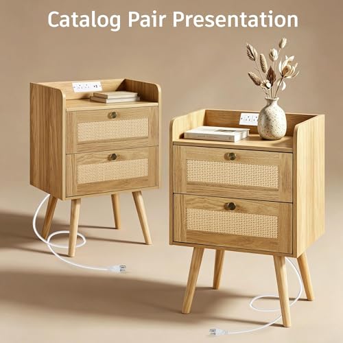 Rattan Nightstands Set of 2, Boho Bedside Table with 2 Drawers | Rattan Nightstand with Charging Station, Open Storage End Tables for Bedroom, Small Spaces and Dorm, Solid Wood Legs, Natural - color: Natural Wood