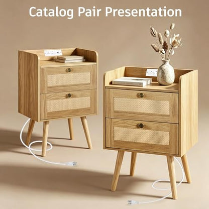 Rattan Nightstands Set of 2, Boho Bedside Table with 2 Drawers | Rattan Nightstand with Charging Station, Open Storage End Tables for Bedroom, Small Spaces and Dorm, Solid Wood Legs, Natural - color: Natural Wood
