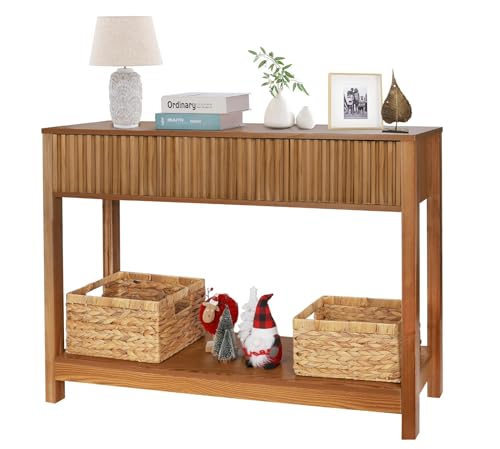 Fluted Console Table with Storage, 48" Long Entryway Slim Sofa Table Behind Couch Entry Tables, Narrow Wood Hallway Modern Living Room Couch Foyer Entrance Tables Brown - color: Brown-4 Legs
