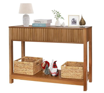 Fluted Console Table with Storage, 48" Long Entryway Slim Sofa Table Behind Couch Entry Tables, Narrow Wood Hallway Modern Living Room Couch Foyer Entrance Tables Brown - color: Brown-4 Legs