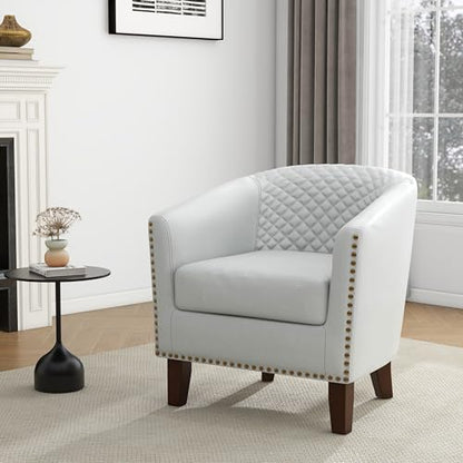 Faux Leather Accent Chair, Modern Barrel Club Chair, White | Comfy Upholstered Armchair for Living Room, Round Club Chair Single Sofa Bedroom Reading Seat | 26"D*29"W*29"H - color: White
