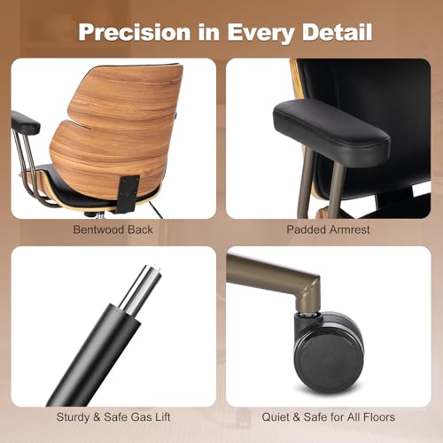 Mid Century Walnut Bentwood PU Leather Office Chair with Arms, Black | Curved walnut bentwood back & seat; removable armrests; PU leather upholstery; swivel & rolling; for home office & study - color: Black, size: 2-Section Back / No Headrest