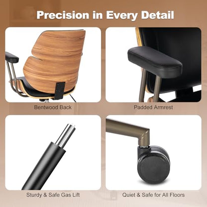 Mid Century Walnut Bentwood PU Leather Office Chair with Arms, Black | Curved walnut bentwood back & seat; removable armrests; PU leather upholstery; swivel & rolling; for home office & study - color: Black, size: 2-Section Back / No Headrest