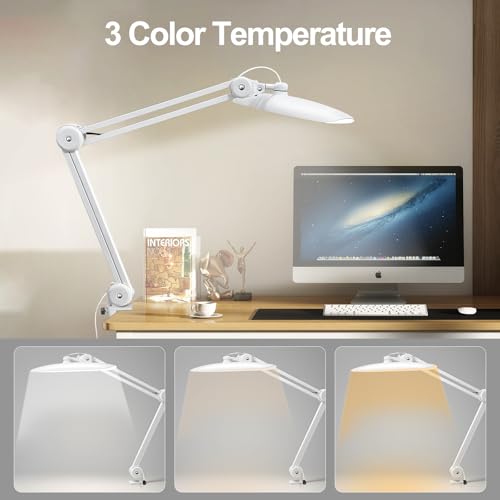 20" LED Desk Lamp with Clamp, 24W CCT Adjustable Dimmable Nail Light for Desk, 120 LEDs Metal Swivel Arm Daylight for for Nail Tech Task Home Office Reading Architect Craft, White - color: White