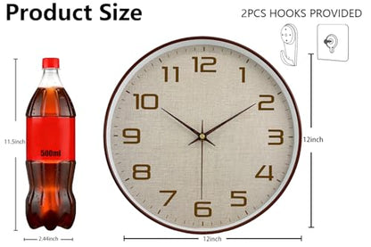 Woodgrain Wall Clocks Battery Operated 12 Inch with Linen Texture Face, Large Number Silent Digital Wall Clock, Non Ticking Analog Clock for Bedroom Living Room Bathroom Kitchen Office,Brown - color: Mocha Brown White, size: 12 Inch