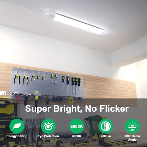 Plug in Light Fixtures 2FT 2PCS Linkable 5000K LED Shop Light, 18W Ceiling/Closet Light for Laundry Kitchen Garage Workbench, Under Cabinet Lighting, Triproof, White | Plug in Ceiling/Closet Light with Plug for Laundry Kitchen Garage, No-Flicker Workbench