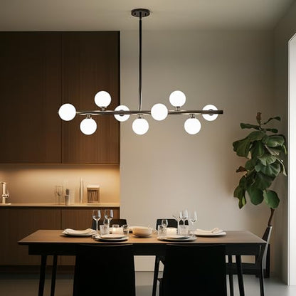 Mid Century Modern Globe Sputnik Chandelier, 9-Light Linear Chandeliers for Dining Room and Kitchen Island, Dining Light Fixture Over Table, Black and Milk White Glass Bubble, 40 Inch - color: Black Milk White, size: 9-Light 40 Inch