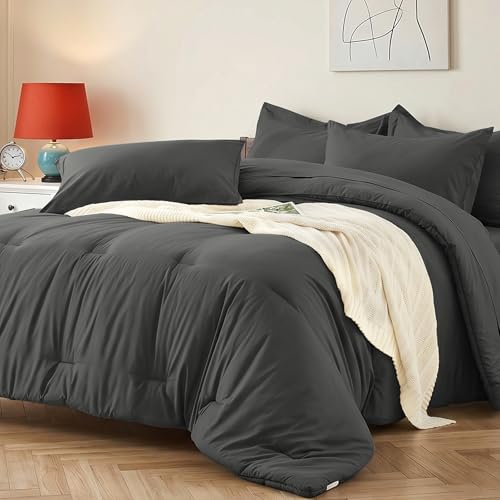 Queen Comforter Set 7 Piece - Soft Bed in a Bag Queen Size Comforter Sets, Cozy Bedding Sets with Lightweight Comforter, Flat Sheet, Fitted Sheet, 2 Pillowcases & 2 Shams, Dark Gray - color: Dark Gray, size: Queen