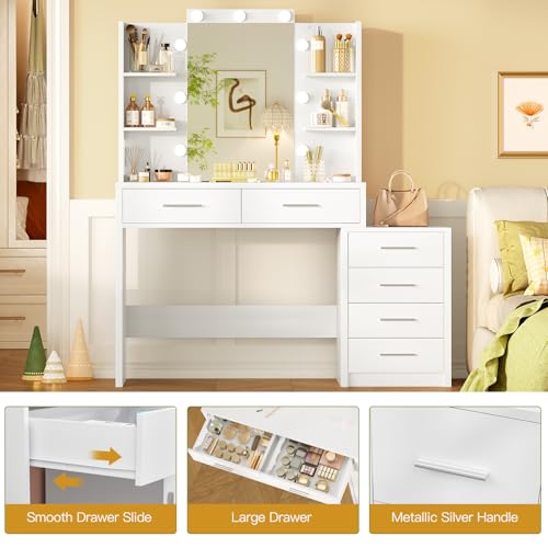 Quimoo 43.3" W Vanity Desk with Mirror and 9 LED Lights, Makeup Vanity with 6 Drawers, 6 Open Shelves, White Vanity for Women Girls, 43.3" W x 13.8" D x 54.3" - color: White 6 Drawers