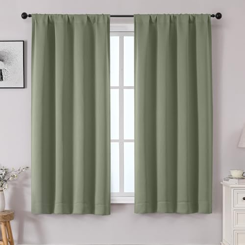 Sally Sage Green Blackout Curtains for Bedroom 63 Inch Length 2 Panels Set, Solid Thermal Insulated Room Darkening Rod Pocket Privacy Window Treatment Curtains Drapes, W40 x L63 Inch - color: Sage Green, size: 40"W x 63"L (Pack of 2)