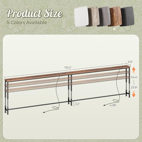 Huuger 110.2 Inch Sofa Table with Power Outlets, 23.9’’-34.4’’ Height Adjustable Range, Behind Couch Table with USB-C Ports, Sofa Tables Narrow Long, Skinny Console Table, Small Spaces, Rustic Brown - color: Rustic Brown, size: 110.2''W x 23.9''-34.4''H