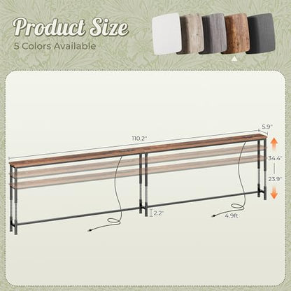 Huuger 110.2 Inch Sofa Table with Power Outlets, 23.9’’-34.4’’ Height Adjustable Range, Behind Couch Table with USB-C Ports, Sofa Tables Narrow Long, Skinny Console Table, Small Spaces, Rustic Brown - color: Rustic Brown, size: 110.2''W x 23.9''-34.4''H