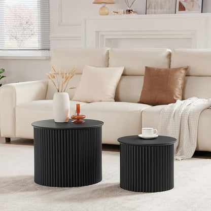 Round Nesting Coffee Table Set of 2, Small Fluted Coffee Table Circle Side Table, Mid Century Modern Wood Nesting Tables Farmhouse End Table Set for Living Room, Bedroom, Small Spaces(Black) - color: Black, size: Small-Fluted
