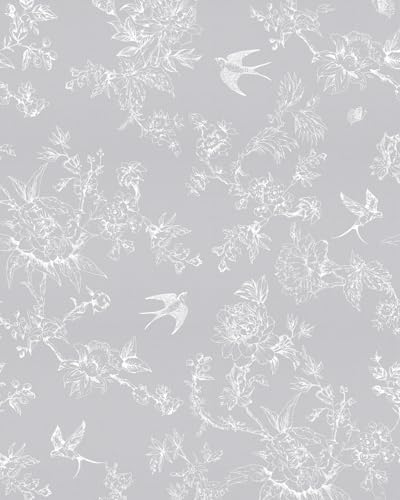 Simon&Siff Grey and White Vintage Floral Birds Peel and Stick Wallpaper | 120" x 17.3" Removable Self Adhesive Waterproof Contact Paper, Renter Friendly Wall Paper for Cabinets, Furniture, DIY Decor - color: Grey and White, size: 17.3" x 120"