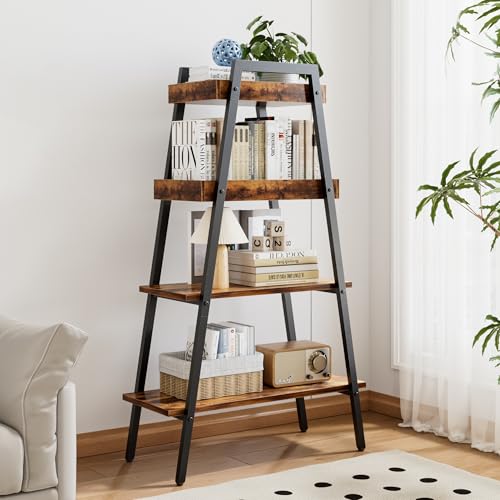VECELO Book Shelf, 4 Tier Wooden Ladder Bookcase with Metal Frame, Enclosed Edges Combined with Open Display, Decorative and Plant Stand for Living Room/Farmhouse/Bedroom/Home Office-Brown - color: Brown