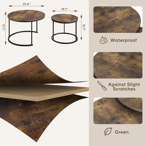 Smuxee Rustic Nesting Coffee Table Set of 2, 27.6" Round Coffee Table Wooden Marble Pattern with Adjustable Non-Slip Feet, Industrial End Table for Living Room Bedroom Balcony - color: Rustic Brown, size: 27.6"W