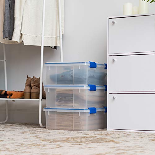 IRIS USA 3-Pack 26.5 Qt Storage Bins with Gasket Lids, Clear/Blue | WeatherPro seal protects everyday essentials in closets, offices and laundry rooms - size: 27 Qt. - 3 Pack