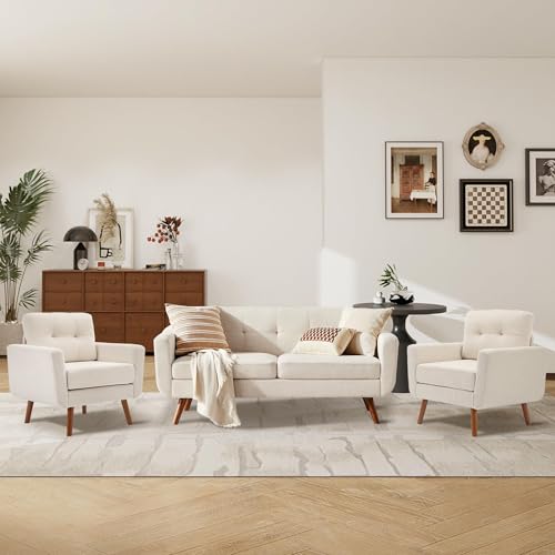 Tbfit Linen Fabric Single Sofa, Accent Chair, Mid Century Modern Armchair for Living Room, Bedroom Button Tufted Upholstered Comfy Reading Sofas, Beige - color: Beige, size: Single