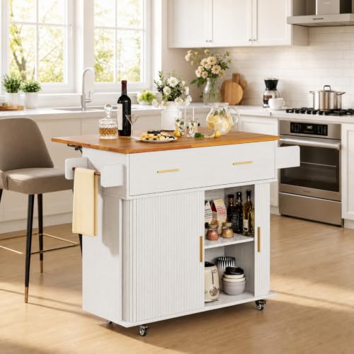 DHH Rolling Kitchen Island with Drop Leaf Countertop&Ample Storage - 39.4" Small Mobile Kitchen Cart On Wheels with Sliding Door,Drawers,Spice Rack & 2-Tier Storage(Grayish White) - color: Grayish White