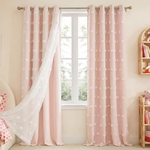 NICETOWN Pom Pom Pink Curtains 96 inches Long for Kids, Room Darkening Double Layer Sheer Drapes for Girls Bedroom, Thermal Insulated Window Treatments for Princess Room, W52 x L96, 2 Panels - color: Pink, size: 52"W x 96"L (Pack of 2)