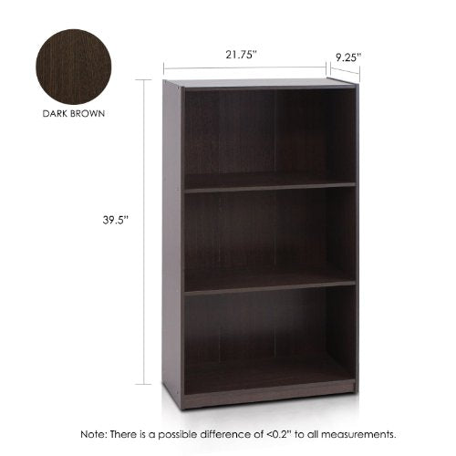 Furinno BASIC Book Shelf, 3-Tier Modern Bookshelf, Bookcase with Open Shelves, 9.3" x 21.8" x 39.5", for Living Room, Bedroom, Home Office, Dark Brown - color: Dark Brown, size: 3-Tier