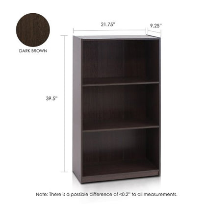 Furinno BASIC Book Shelf, 3-Tier Modern Bookshelf, Bookcase with Open Shelves, 9.3" x 21.8" x 39.5", for Living Room, Bedroom, Home Office, Dark Brown - color: Dark Brown, size: 3-Tier
