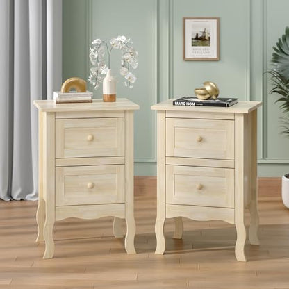 Bonnlo Nightstands Set of 2, Solid Wood Nightstand Unfinished for Color DIY, Small Night Stand for Bedroom, Natural Wood Nightstand with Drawers, Light Wood Nightstands, Real Wooden Bed Side Table - color: Natural Wood