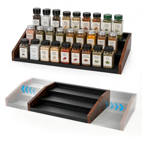3-Tier Expandable Spice Rack Organizer, 12.8-22.6 in, Rustic Brown | Adjustable, Countertop Stepped wood & iron Seasoning Organizer, Shelf for kitchen Cabinet Pantry Jars Bottles Syrup - color: Rustic Brown