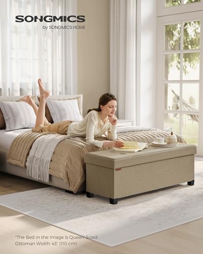 SONGMICS Storage Ottoman Bench, Foldable Foot Rest with Legs | End of Bed Bench, Storage Chest, 43.3 x 15 x 15.8 Inches, Load up to 661.4 lb, Tan, MELISA Collection ULSF018K01 - color: Camel Brown, style: without Flipping Lid