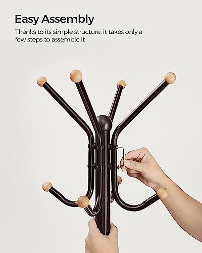 SONGMICS Coat Rack Freestanding, Metal Coat Rack Stand with 12 Hooks and 4 Legs, Holds Clothes, Hats, and Bags, for Entryway, Living Room, Bedroom, Brown URCR031Z01 | Coat Tree, Holds Clothes, Hats, and Bags, for Entryway, Living Room, Bedroom, Walnut Bro