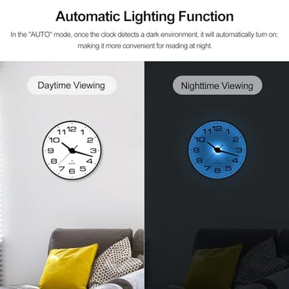 JoFomp Lighted Wall Clocks Battery Operated, 10 Inch Wall Clock for Bedroom Night Glow, Night Light Wall Clock Silent, Glow in The Dark Wall Clocks for Living Room Decor, Light Sensor - Auto Lighting - size: 10 Inch