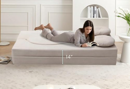 76" Convertible Folding Futon Sofa Bed, Queen Sleeper Sofa with Pillow, Teddy Floor & Futon Loveseat Couch, Foam Folding Mattress Sleeper for Living Room, Guest Use, Apartment, No Assembly (Beige) - color: Beige