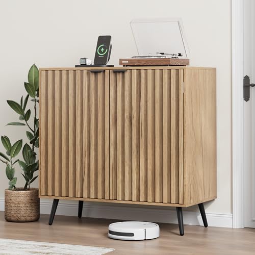 Smuxee Fluted Sideboard Cabinet, Freestanding Natural Buffet Cabinet with Adjustable Shelf, Wood Storage Cabinet for Living Room, Entryway, Hallway - color: Natural, size: Wide-31.69 in