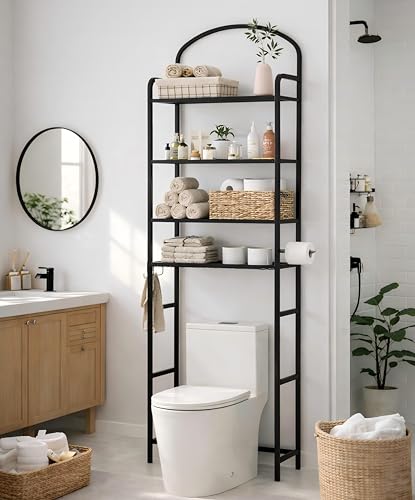 4-Tier Over The Toilet Storage, Bathroom Organizer | Space-Saving, 72"H Above Toilet Storage Rack with 4 Hooks and Paper Holder, Metal Shelf, Black - color: Black, size: 4-tier