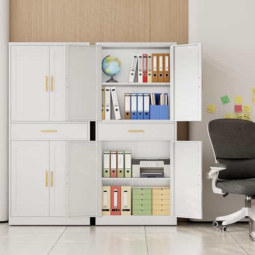 CJF 71" White Metal Kitchen Pantry Cabinet with Drawer, Tall Storage Cabinet with 2 Adjustable Shelves and 4 Doors, Heavy Duty Freestanding Floor Cupboard for Home, Kitchen, Dining, Living - color: White, size: 71"Hx 28"Wx 14"D-1Drawer